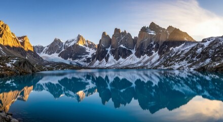 Stunning vista of a lake reflecting jagged, snow-dusted peaks, under a radiant sky