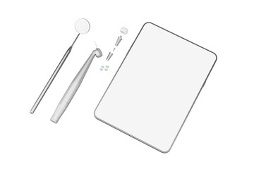 Dental mirror, handpiece, implant components, and digital tablet on white isolated background, concept of modern dentistry tools and technology. 3D Rendering