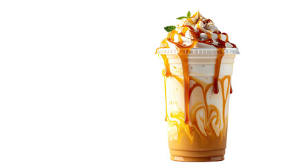 Iced drink topped with whipped cream and caramel drizzle
