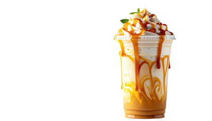 Iced drink topped with whipped cream and caramel drizzle