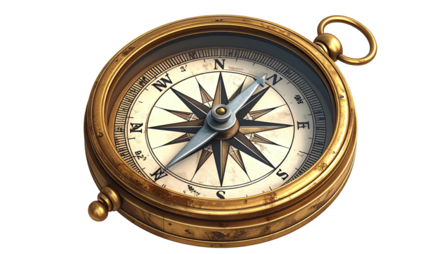 Antique compass with golden casing, pointing north