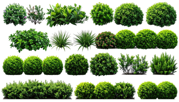 Collection of diverse evergreen shrubs on a transparent background