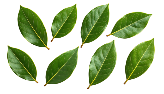 Eight green leaves scattered, showing veins, on a black background