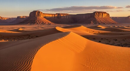 Expansive desert scenery with undulating sand dunes and majestic mesas in warm evening light