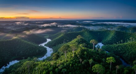 Aerial view of a lush, rolling landscape with a river winding through green hills at sunrise