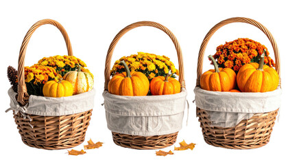 Baskets filled with pumpkins and mums, fall themed decor