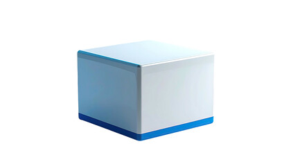 Glossy white cube, blue trim, isolated. Clean presentation
