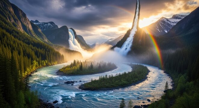 A majestic waterfall cascades down a rocky cliff into a lush green river, with a rainbow arching over the scene.
