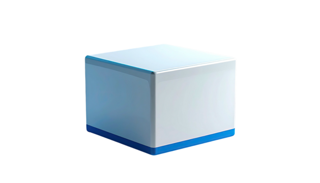 Glossy white cube, blue trim, isolated. Clean presentation