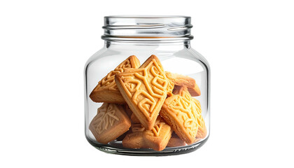 Cookies in glass jar, geometric patterns, isolated on black