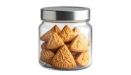 Glass jar filled with triangular, patterned cookies