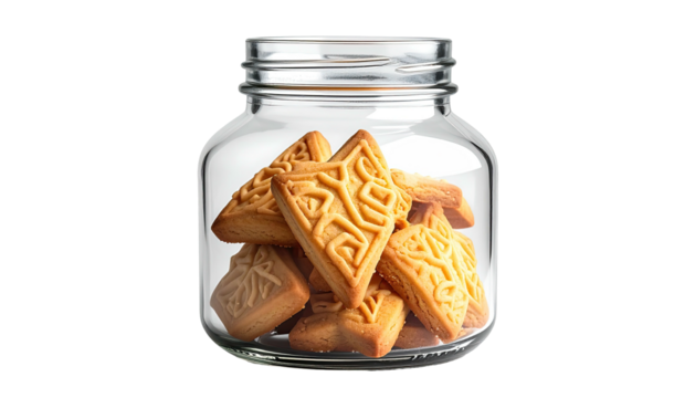 Cookies in glass jar, geometric patterns, isolated on black