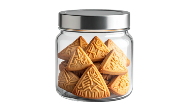 Glass jar filled with triangular, patterned cookies