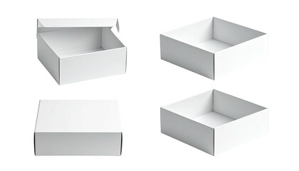 Four white boxes; closed, open, and tilted. Isolated