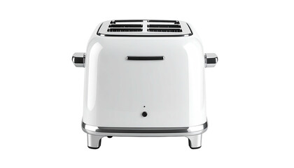 Glossy white toaster, four slots, chrome accents, clean design