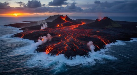 Aerial view of volcanic island at sunset with flowing lava, ocean waves, and dramatic sky