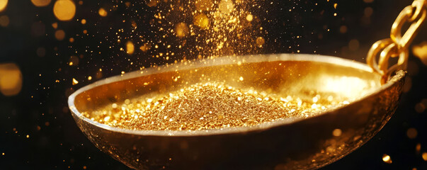 Closeup of gold dust being weighed on a scale, symbolizing purity in the evaluation of gold investments