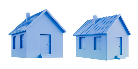 Two blue minimalist house models with chimneys and gabled roofs, 3D Rendering style, isolated on white background. Concept of housing mockup template