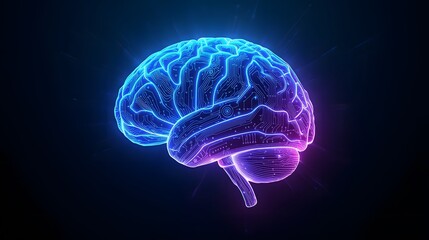 A mesmerizing glowing brain comprised of intricate circuits, wires, and pulsing light, symbolizing the fusion of artificial intelligence and machine learning, with a vibrant blue and purple hue, set a