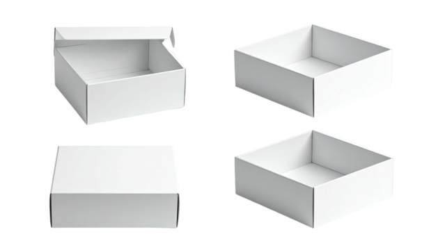 Four white boxes; closed, open, and tilted. Isolated