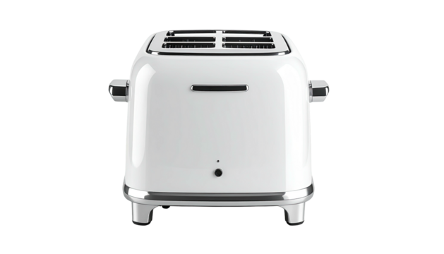 Glossy white toaster, four slots, chrome accents, clean design