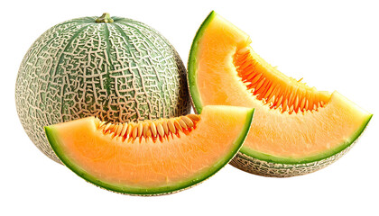 Whole & sliced cantaloupes show orange flesh and netted skin