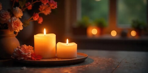 Warm, soft candlelight illuminates a cozy scene, casting gentle shadows and creating a romantic ambiance Perfect for home decor, relaxation, and spa themes , orange, firelight, shimmer