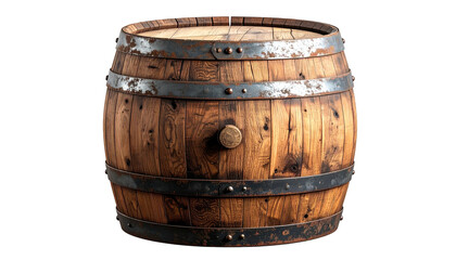 Rustic wooden barrel with metal hoops and bung