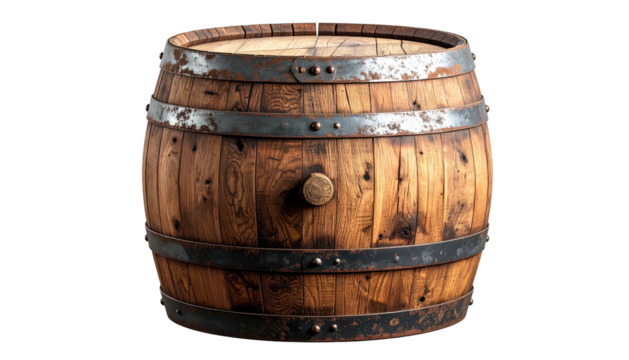 Rustic wooden barrel with metal hoops and bung