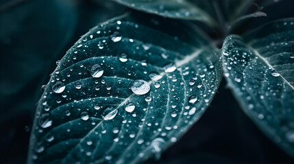 Macro of a blue-green leaf with prominent veins and raindrops.

