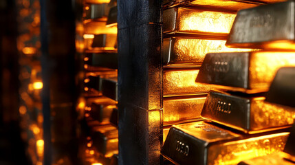 Gold bars stacked in a vault, glowing with a sense of purity and secure investment