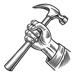 Vintage Hand Holding Hammer Illustration. Labor Day, Construction, and Worker Symbol Sketch.