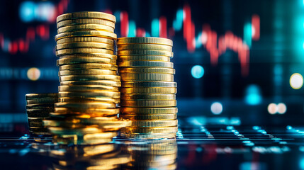 Pure gold coins stacked high with financial data displayed, symbolizing the reliability and purity of gold investments