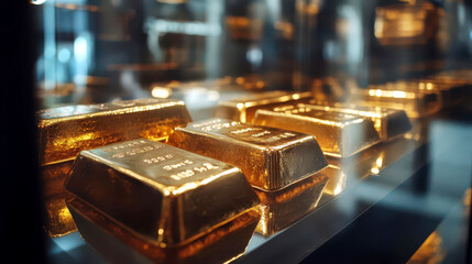 Shimmering gold bars in a glass display case, representing the purity and transparency of gold as a safe investment