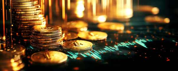 Shimmering gold coins with a financial chart overlay, representing the stability and purity of gold investments