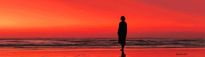 Fototapeta premium Reflective moments: serenity with the setting sun. Neon poster. Serenity in silhouette: sunset's warm hues. Editorial style. Graphic poster.