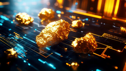 Shimmering gold nuggets on a digital trading platform, symbolizing the purity of natural gold in modern investments