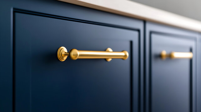 Detail of sleek navy blue cabinet doors accented with elegant gold bar pulls, showcasing modern design and sophisticated color palette in a stylish kitchen or bathroom.