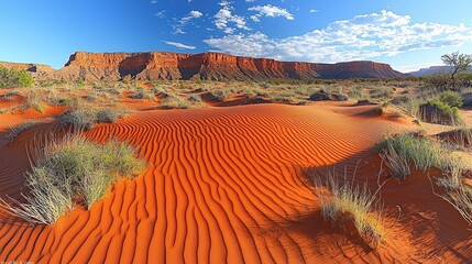 Landscape of red sand dunes and a mountain range under a blue sky