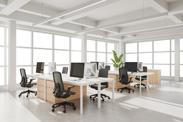 Bright modern office interior with white desks, office chairs, and desktop computers, minimalist style, large transparent windows, 3D Rendering