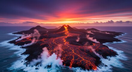 Fototapeta premium Dramatic aerial view of a volcanic island, molten lava flowing into the ocean at sunset