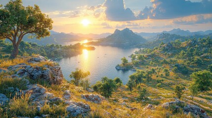 Landscape with lake under a warm sunset sky