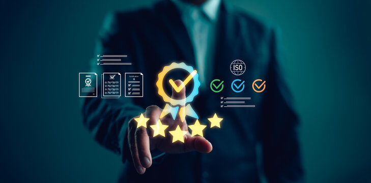 Businessman touching digital quality assurance and certification icons, representing high standards, ISO compliance, customer trust, and excellence in professional business performance.