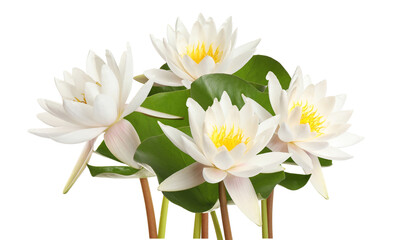four serene water lilies in full bloom radiating tranquility, with their pristine white petals and lush green leaves, great for spa and nature designs