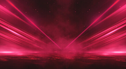 Fototapeta premium Empty stage with bright red neon lights and smoke. Red spotlights, beams, and glare in a dark, dramatic studio.