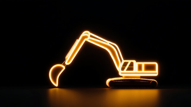 A construction digger glows in the dark, its neon light cutting through the shadows. Highlighting its silhouette against a stark backdrop. It's a striking symbol of industry.