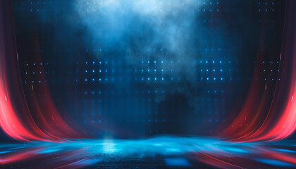 Obraz premium Empty stage with red and blue neon lights and smoke. Red and blue spotlights, beams, and glare in a dark studio.