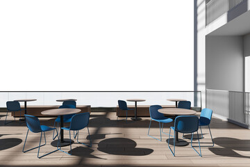 Contemporary cafe interior with blue chairs and round wooden tables, minimalistic style, large transparent windows, white background, mockup concept, 3D Rendering