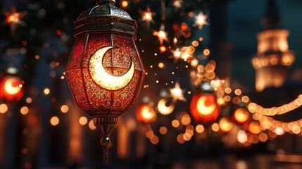 Lantern with moon glows among twinkling lights in the dark
