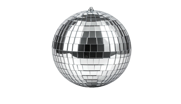 Mirrored disco ball, reflecting light, isolated on black backdrop